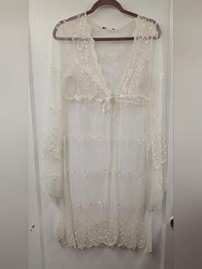 Sheer Lace Embroidered Duster Kimono Ivory Boho Festival Cottagecore Open Front
